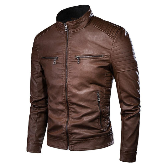 Stevvex brown PU leather motorcycle jacket with zip front and quilted shoulders on Tampa Home & Garden Store