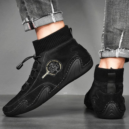 Men's Stevvex black casual sneakers with knit ankle collar and suede panels patch logo sole on Tampa Home & Garden Store