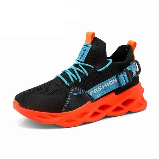 Stevvex men's fashion breathable sneakers black with orange sole and turquoise laces on Tampa Home & Garden Store