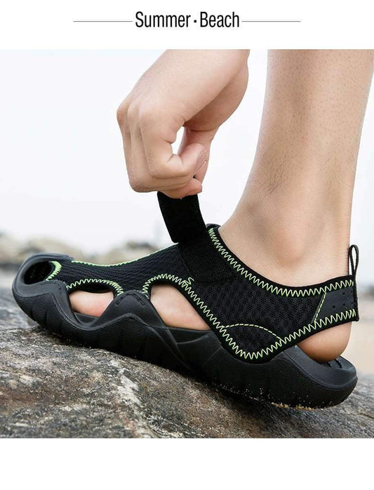 Stevvex men's sandals breathable black mesh with lime green stitching, open-toe slip-on on Tampa Home & Garden Store