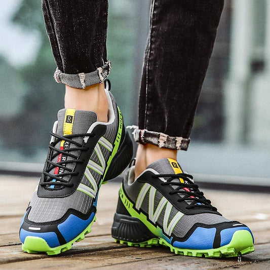 Stevvex athletic sneakers grey mesh upper with neon green accents and blue toe cap on Tampa Home & Garden Store