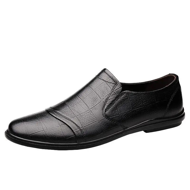 Mens Bean Leather Casual Shoes with Flat Sole black textured leather slip-on loafer on Tampa Home & Garden Store