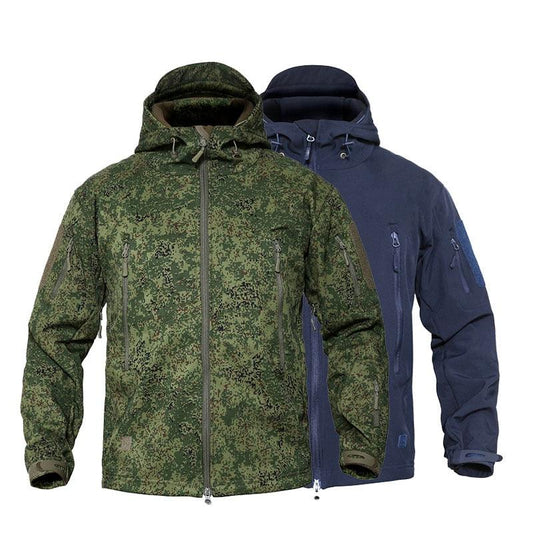 Stevvex men's camouflage jackets in green camo and navy blue; hooded windbreakers with zip pockets on Tampa Home & Garden Store