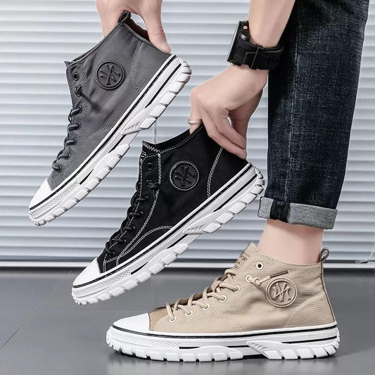 Men's canvas high top sneakers by Stevvex in gray, black and beige with white soles on Tampa Home & Garden Store