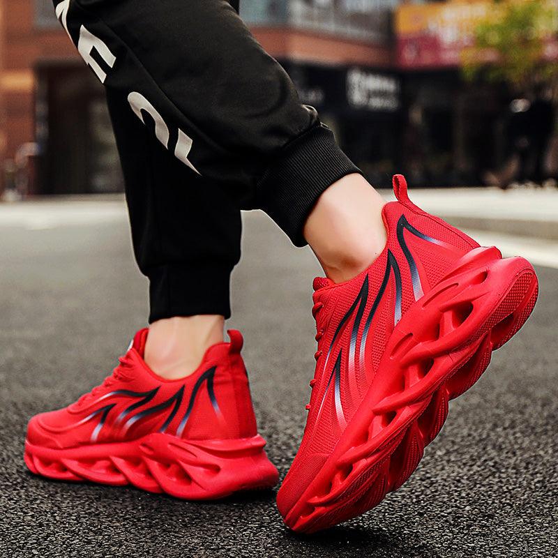 Stevvex men's red flame-print sneakers with breathable mesh upper and twisted sole on Tampa Home & Garden Store