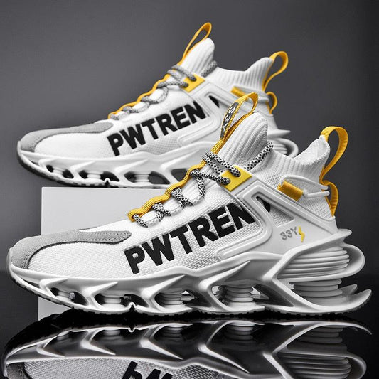 Men's white running sneakers with yellow accents, breathable mesh upper and sculpted sole on Tampa Home & Garden Store