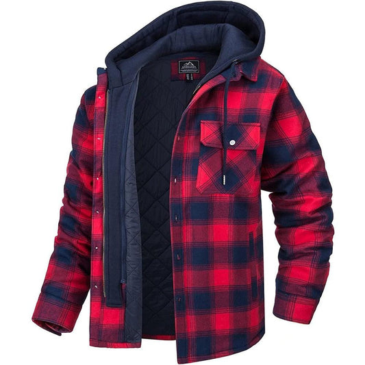 Men's red plaid hooded puffer jacket with navy quilted lining by Stevvex on Tampa Home & Garden Store