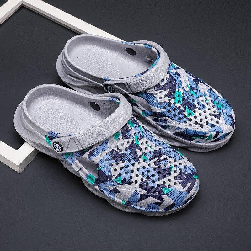 Men's camouflage garden clogs by Stevvex with grey straps and non-slip sole on Tampa Home & Garden Store