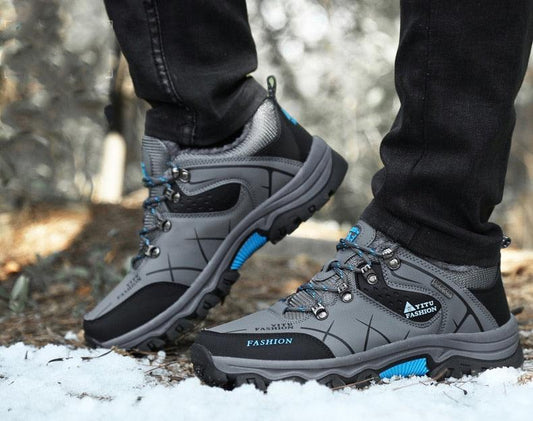 Men's winter waterproof leather boots Stevvex gray with blue trims lace-up hiking footwear on Tampa Home & Garden Store