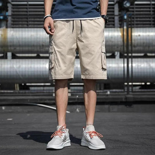 Men's beige cargo shorts by Stevvex, cotton with drawstring and side cargo pockets on Tampa Home & Garden Store