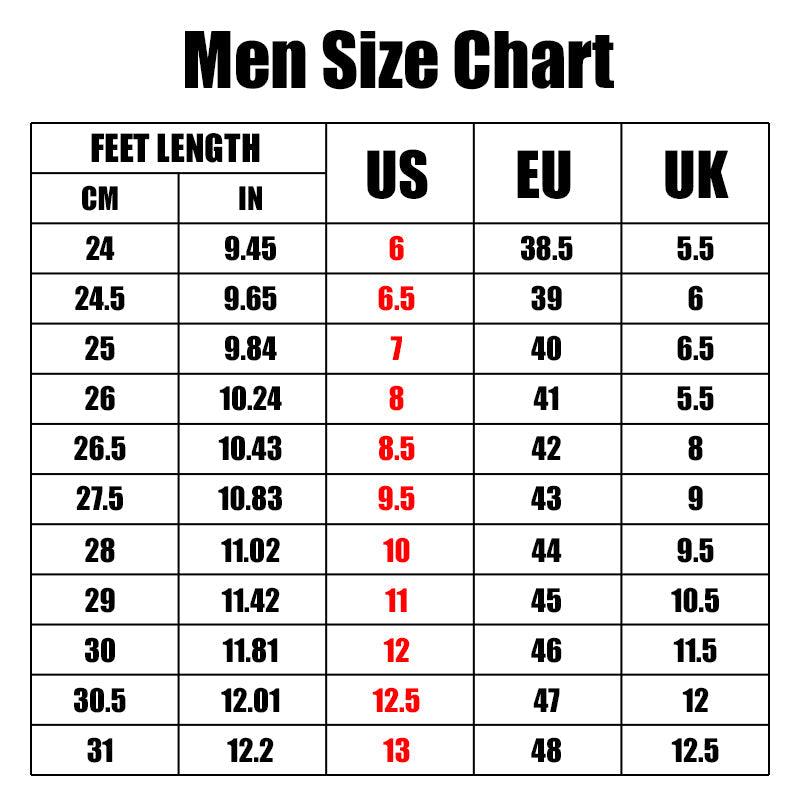 Men sandals size chart showing foot length in cm/in and corresponding US/EU/UK sizes on Tampa Home & Garden Store