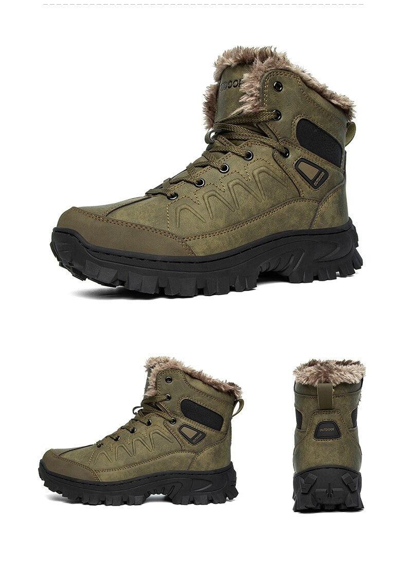 Stevvex men winter snow boots waterproof olive leather fur-lined mid-calf rugged outsole on Tampa Home & Garden Store