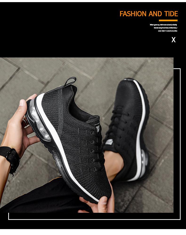 Stevvex men's black mesh upper sneakers with white midsole and visible air-cushion heel on Tampa Home & Garden Store