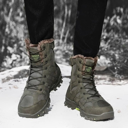 Stevvex mens outdoor hiking boots olive green mid-cut with fur lining and rugged outsole on snow on Tampa Home & Garden Store