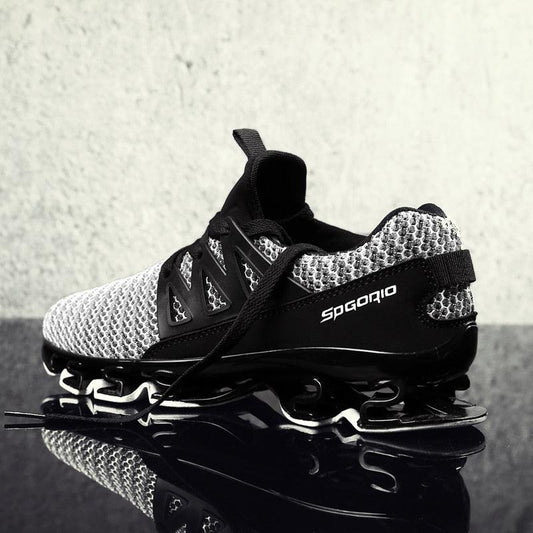 Mens running shoes with gray knit upper and black cage, Stevvex athletic sneakers on Tampa Home & Garden Store