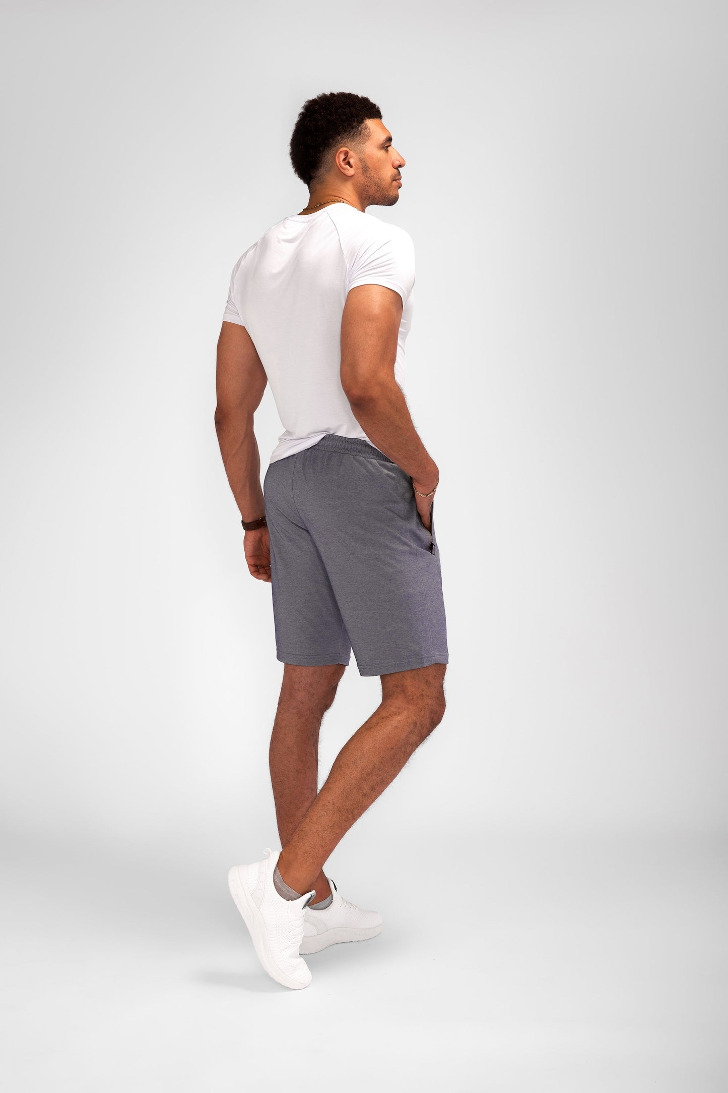 Urban Stride All-Day Wear Shorts 11in inseam, gray SCR Sportswear men's shorts on model on Tampa Home & Garden Store