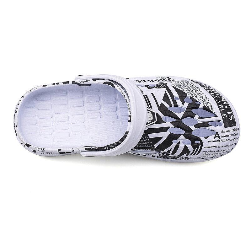 Stevvex men’s slippers clogs, white/black newspaper print, breathable EVA on Tampa Home & Garden Store