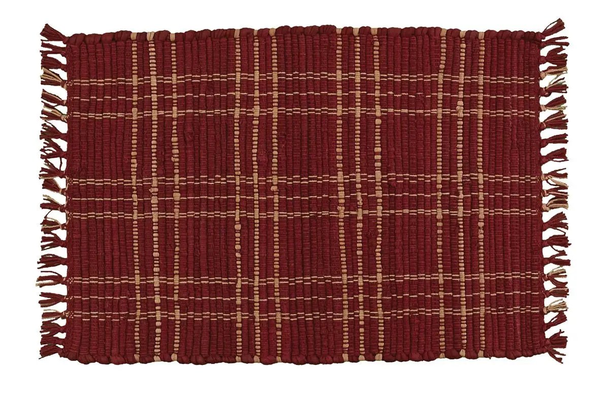 Sturbridge Chindi Placemat in wine color with tan plaid accents and fringe on Tampa Home & Garden Store