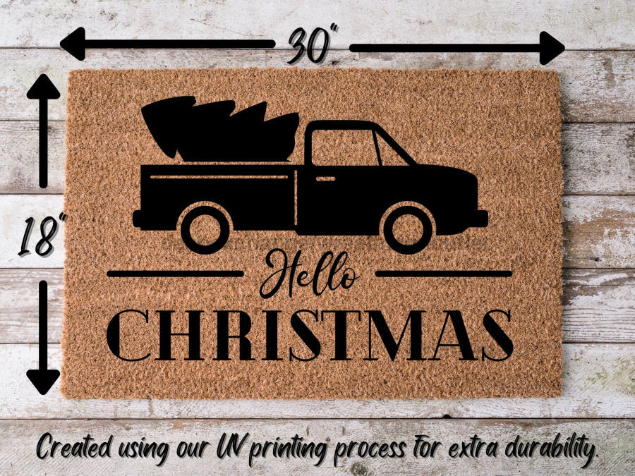 "Hello Christmas" Door Mat Truck & Tree Christmas Doormat