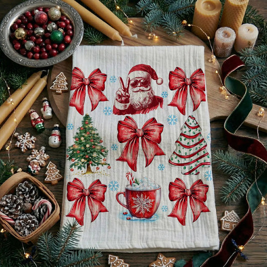 Glitter Merry Christmas Kitchen Towel Gia Roma with red bows and Santa print on Tampa Home & Garden Store