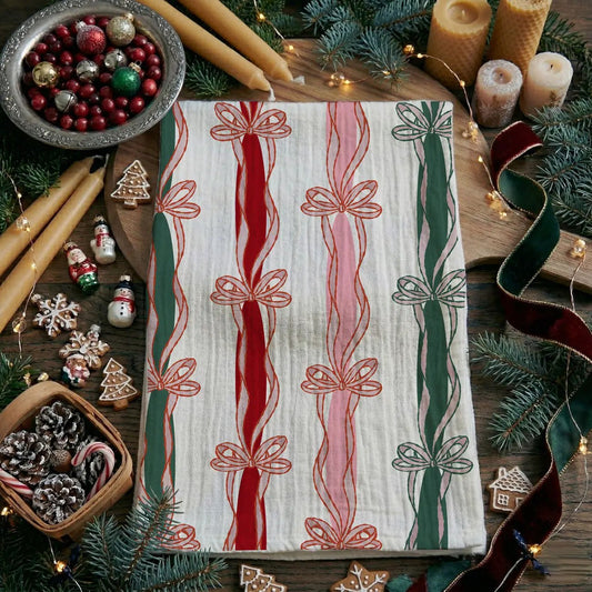 Merry and Bright Ribbon Kitchen Towel by Gia Roma, dish towel with red and green ribbons on Tampa Home & Garden Store