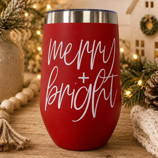 Merry and Bright 17oz Christmas wine tumbler Gia Roma red with white script on Tampa Home & Garden Store