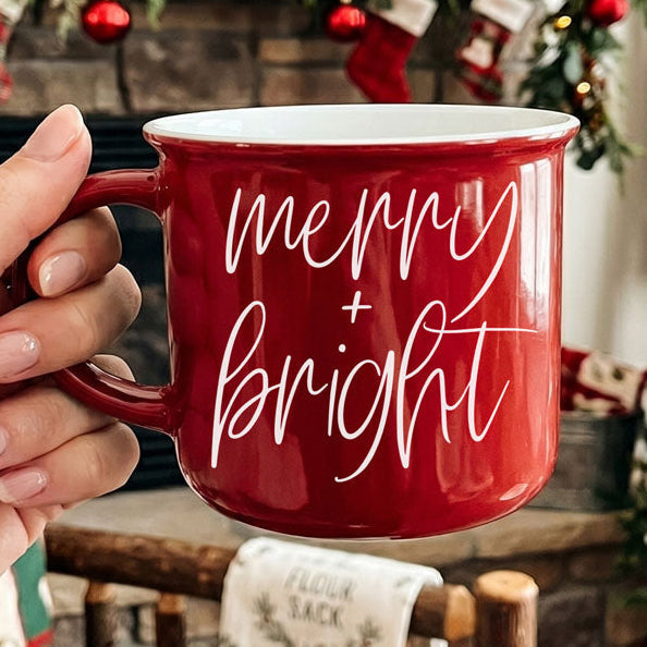 Merry & Bright coffee mug red ceramic with white cursive text by Gia Roma on Tampa Home & Garden Store