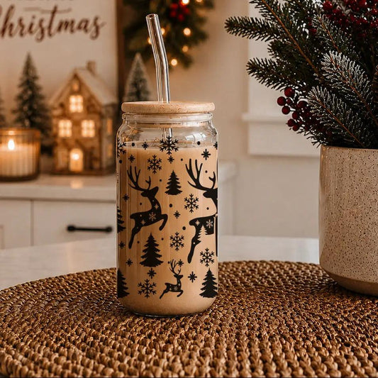 Merry and Bright 17oz glass cup reindeer snowflake Gia Roma straw lid on Tampa Home & Garden Store