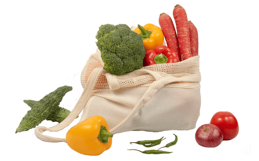 Reusable mesh and fabric tote bag for shopping; beige bag filled with broccoli and peppers on Tampa Home & Garden Store