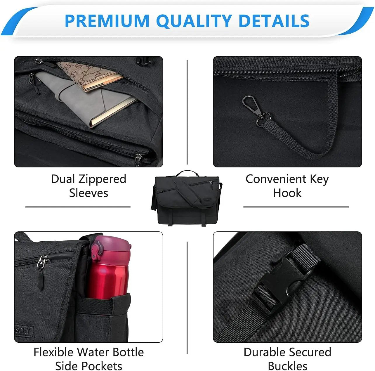 Water resistant 17 inch laptop messenger bag Moktan Sabai with zippered sleeves and key hook on Tampa Home & Garden Store