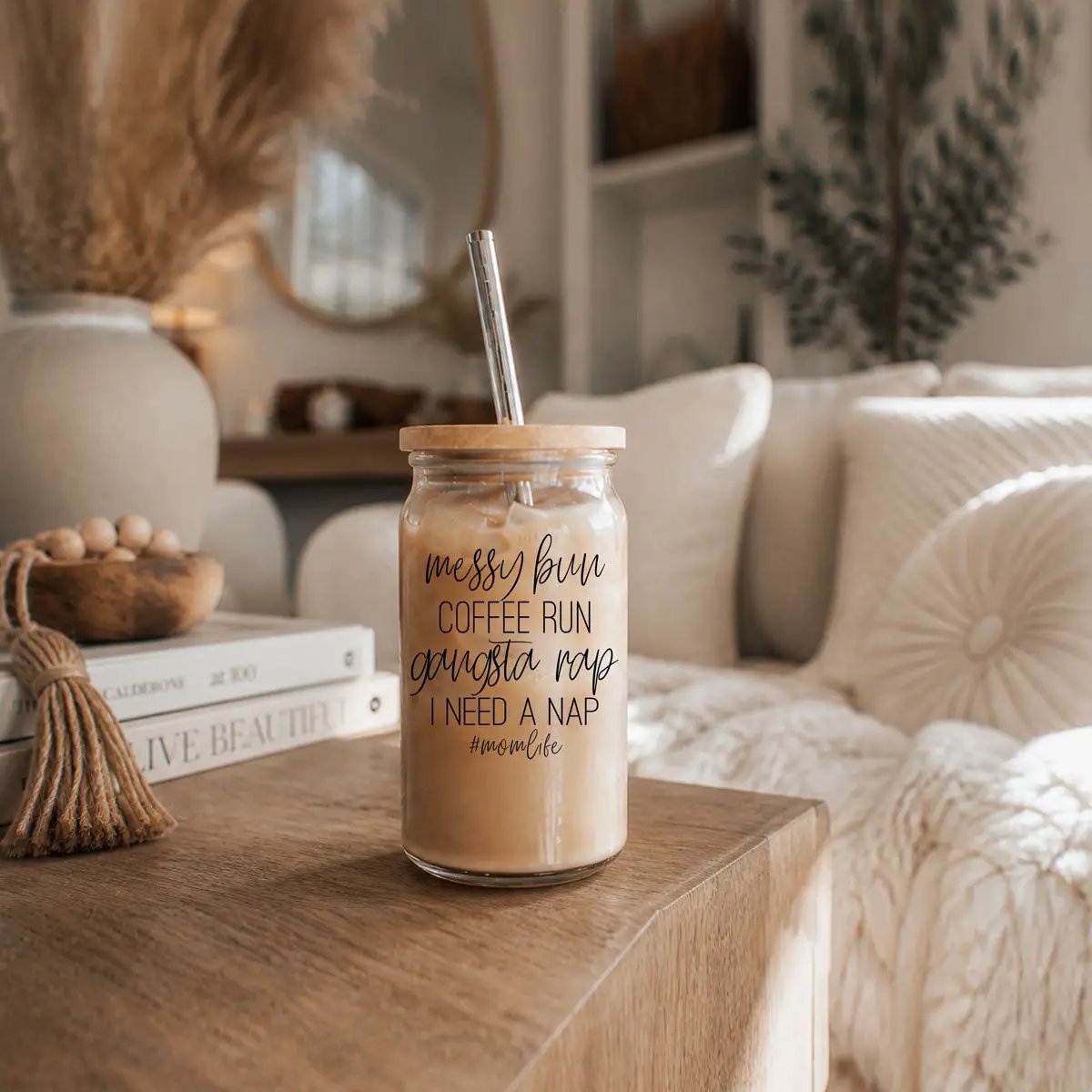 Messy Bun 17oz glass travel mug with bamboo lid and straw, iced coffee drinkware Gia Roma on Tampa Home & Garden Store