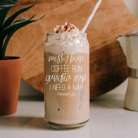 Messy Bun 17oz clear glass cup with bamboo lid by Gia Roma; iced coffee with whipped cream on Tampa Home & Garden Store