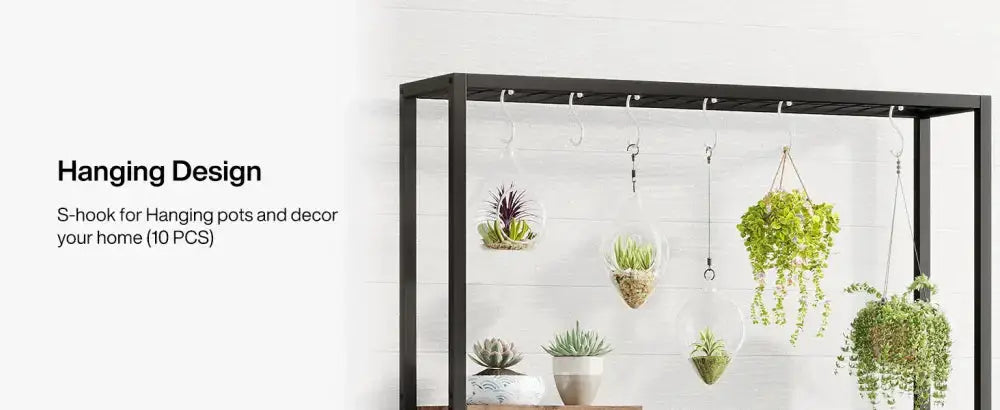 5-Tier plant stand in rustic black metal and wood by Decorbites with hanging pot hooks on Tampa Home & Garden Store