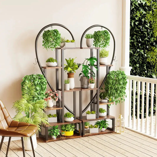6 Tier Heart Metal Plant Stand with black frame and wood shelves, displaying potted plants on Tampa Home & Garden Store