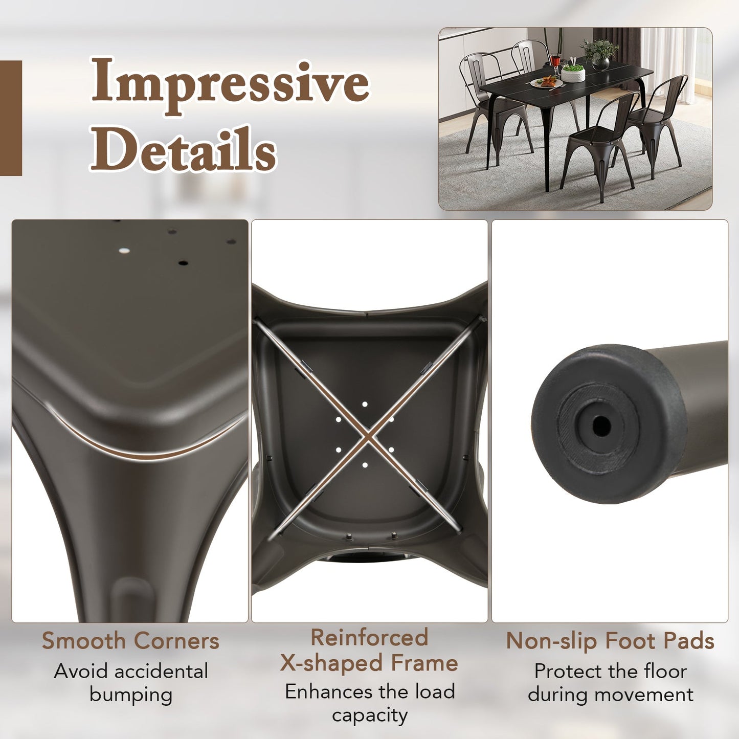 Juego de 4 sillas de comedor metálicas con respaldo extraíble para comedor, restaurante, sala de estar - Bronce plomo