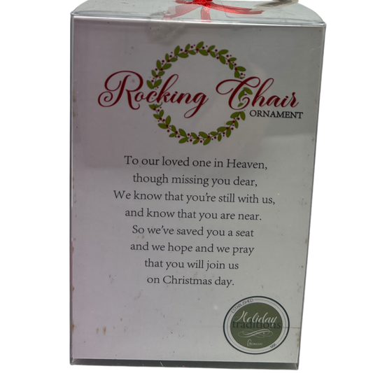 Wooden rocking chair ornament box with red gift and wreath detail Holiday Traditions on Tampa Home & Garden Store