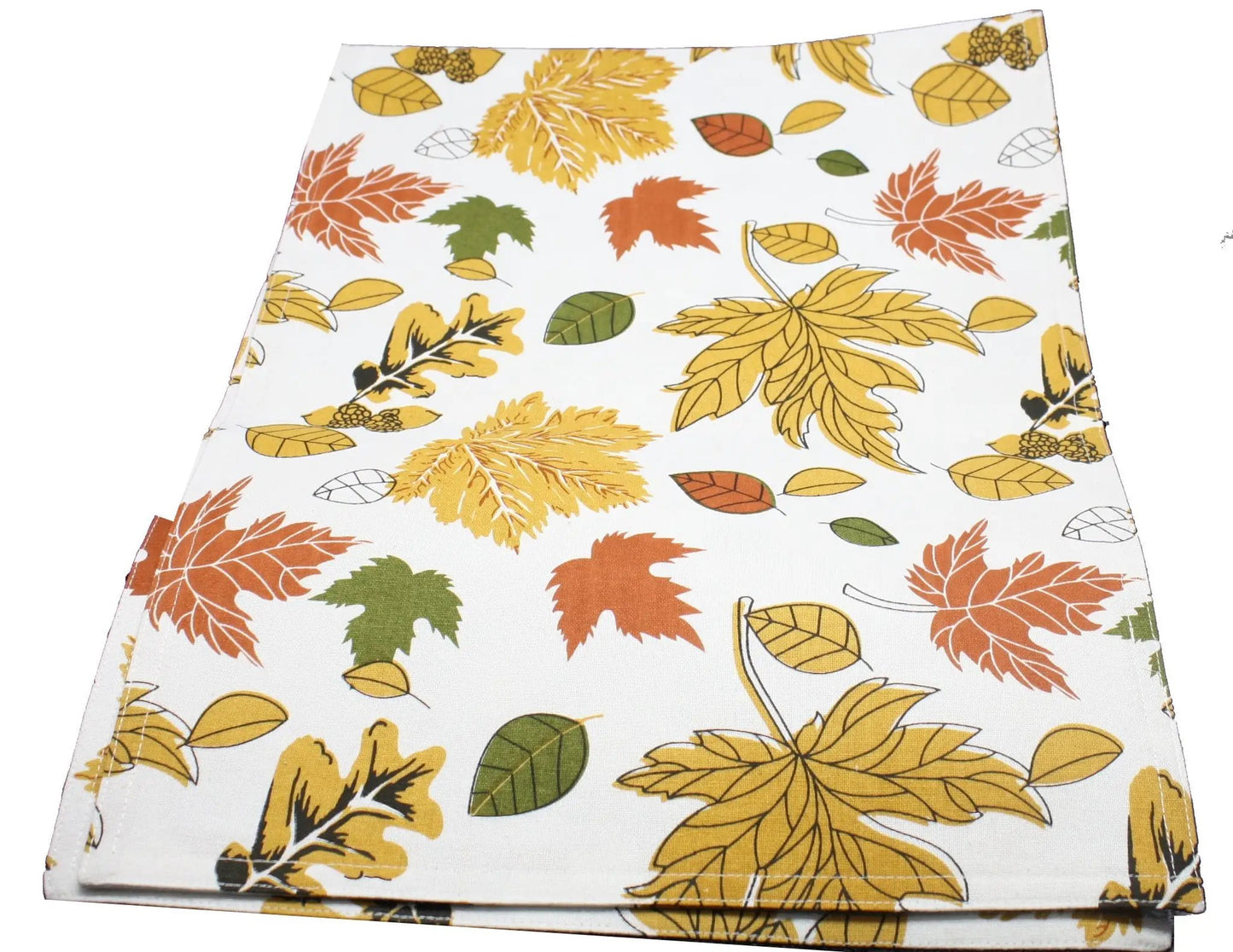 Autumn Leaf Pattern Table Runner, 13.5in wide, white with yellow, orange and green leaves on Tampa Home & Garden Store