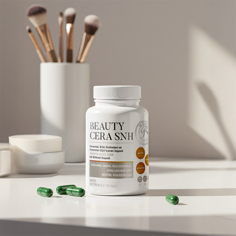 MFM Beauty Cera SNH ceramide & CoQ10 supplement bottle with green capsules on white surface on Tampa Home & Garden Store