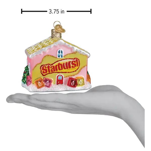 Starburst Cottage Glass Ornament pink/yellow cottage with snowy roof, hand-held glass decor on Tampa Home & Garden Store
