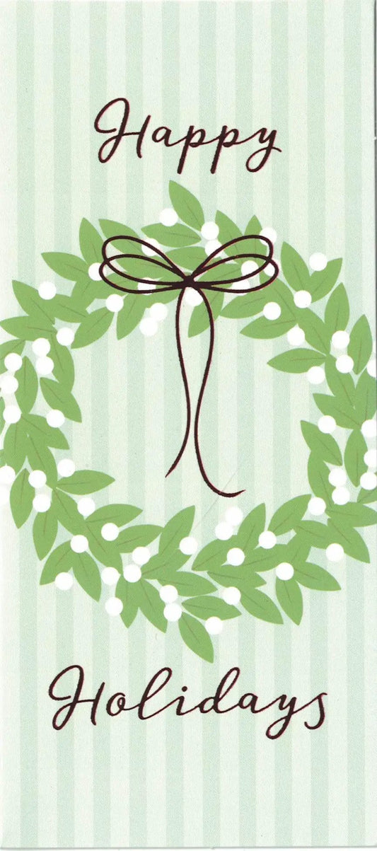 Gift card holder greeting card with Happy Holidays, green wreath, white berries and dark bow on Tampa Home & Garden Store