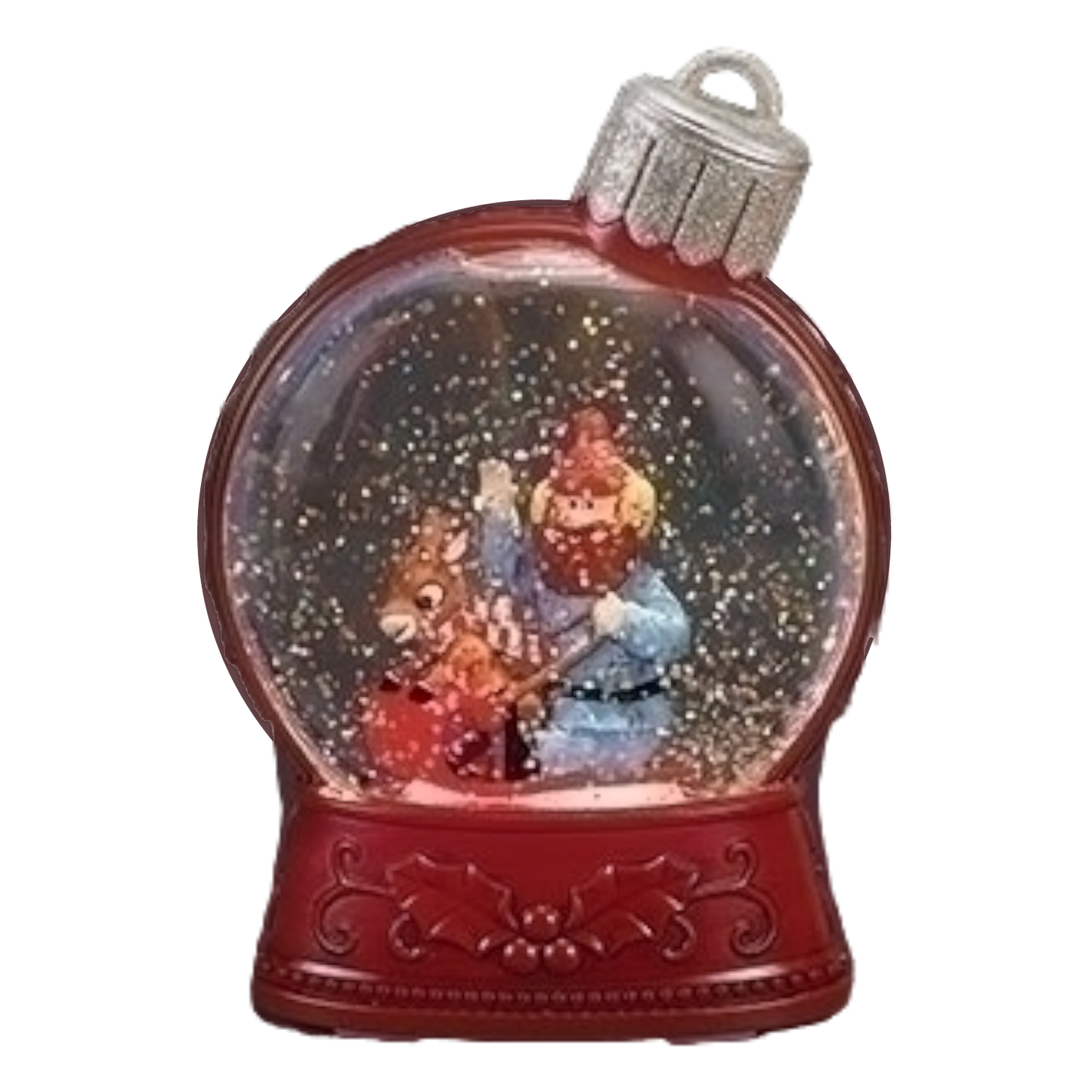 Lighted Rudolph Shimmer Ornament snow globe with Cornelius, red base, The Country Christmas Loft on Tampa Home & Garden Store