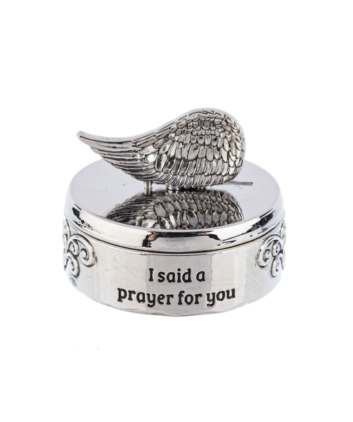 Prayer box charm, silver-tone metal with wing lid and I said a prayer for you inscription on Tampa Home & Garden Store