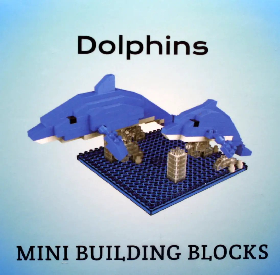 Mini Building Blocks Dolphins toy set featuring two blue dolphin figures on a blue base plate on Tampa Home & Garden Store