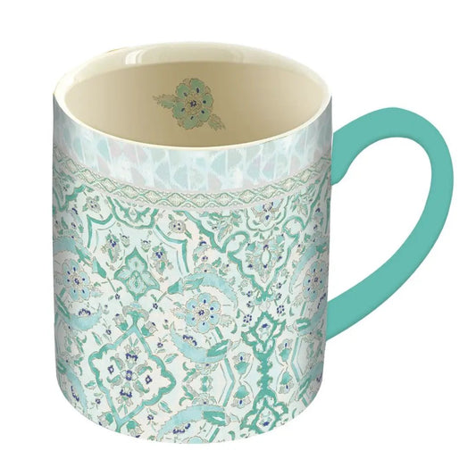 Patina Vie 14 oz ceramic mug with artwork wrap, turquoise handle and teal floral pattern on Tampa Home & Garden Store