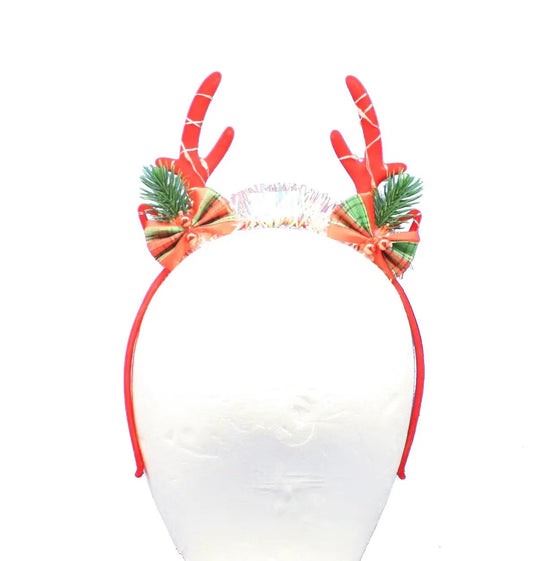 Light Up Antler Headband with 3 Modes, red antlers, plaid bows, greenery accents on Tampa Home & Garden Store