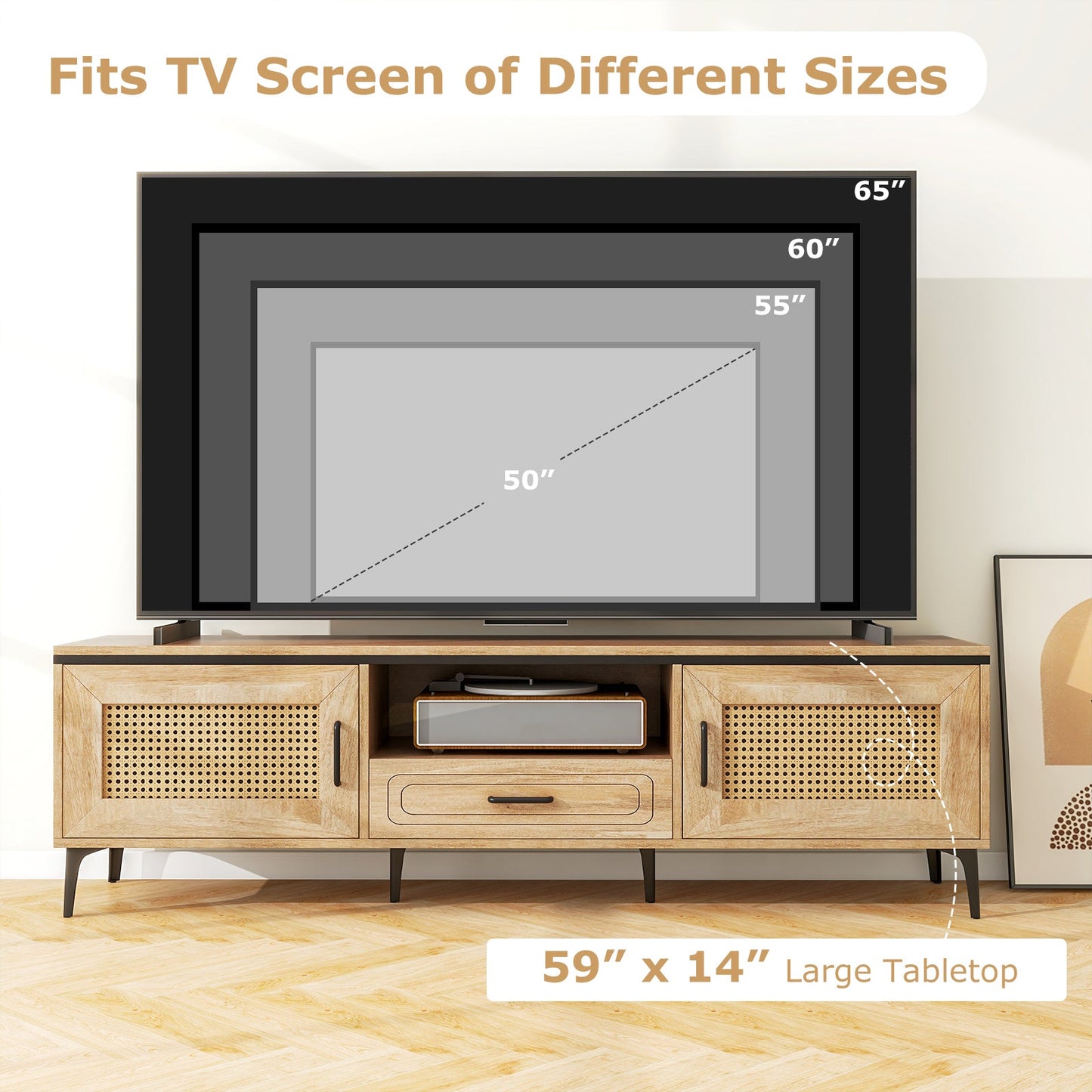Mueble de TV moderno de mediados de siglo con 2 armarios y cajón de almacenamiento - Roble