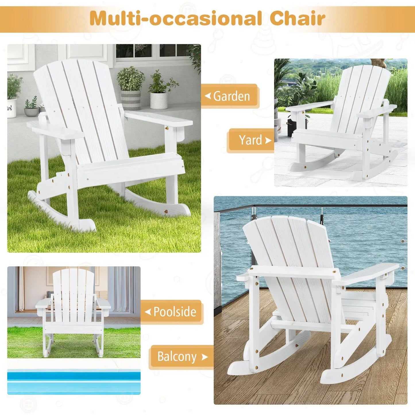 Outdoor wooden kid Adirondack rocking chair in white with slatted back and curved rockers on Tampa Home & Garden Store
