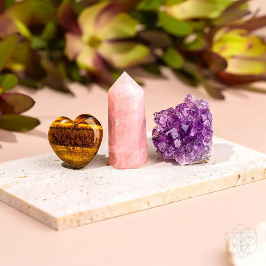 Mindful Multitasker crystal car kit: rose quartz point, tiger's eye heart, amethyst cluster on Tampa Home & Garden Store