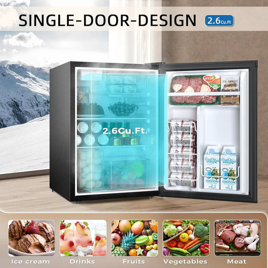 Kismile mini compact refrigerator with freezer 2.6 cu ft, black cabinet, open door stocked on Tampa Home & Garden Store