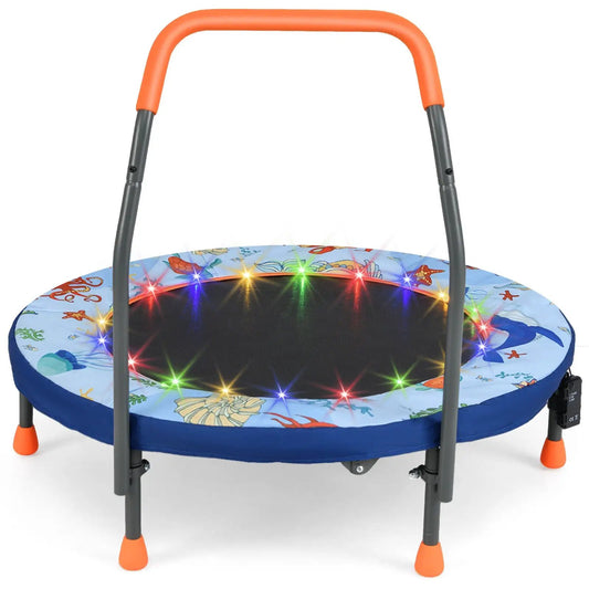 DirectDeals mini folding trampoline with LED lights, blue edge, gray legs, sea-life mat on Tampa Home & Garden Store